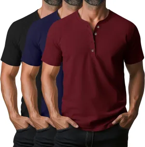 Ficerd 3 Pack Men's Henley T-Shirts Cotton Short Sleeve Casual Basic Tees Summer Loose Fit Oversized Solid Tops