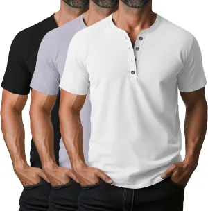 Ficerd 3 Pack Men's Henley T-Shirts Cotton Short Sleeve Casual Basic Tees Summer Loose Fit Oversized Solid Tops