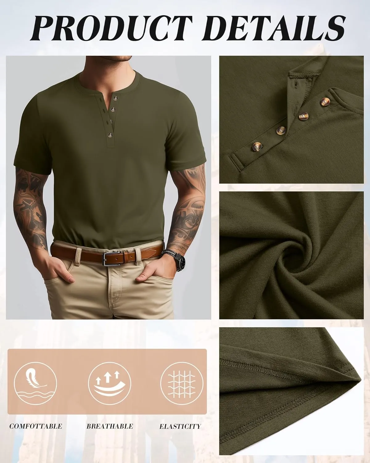Ficerd 3 Pack Men's Henley T-Shirts Cotton Short Sleeve Casual Basic Tees Summer Loose Fit Oversized Solid Tops