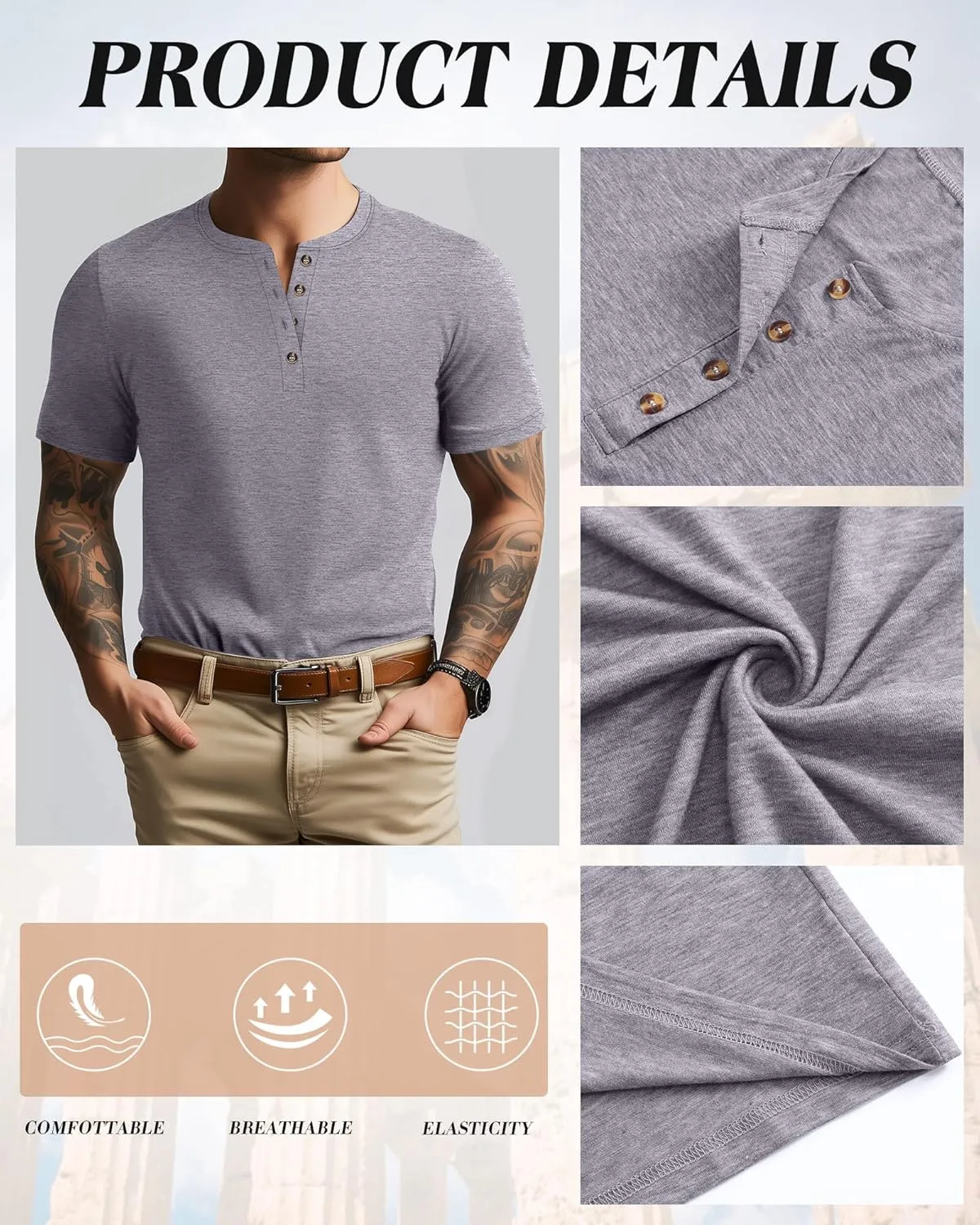 Ficerd 3 Pack Men's Henley T-Shirts Cotton Short Sleeve Casual Basic Tees Summer Loose Fit Oversized Solid Tops