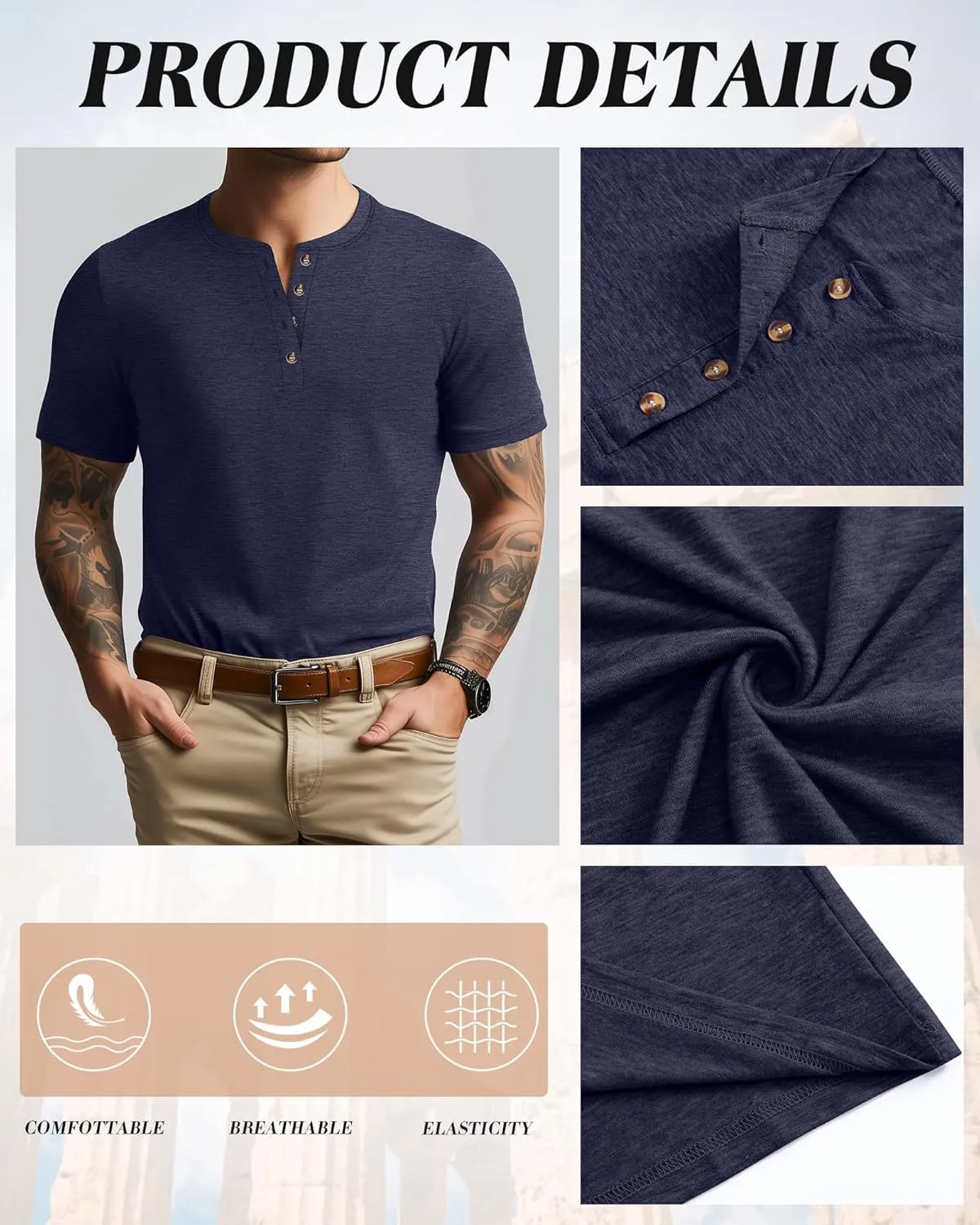 Ficerd 3 Pack Men's Henley T-Shirts Cotton Short Sleeve Casual Basic Tees Summer Loose Fit Oversized Solid Tops