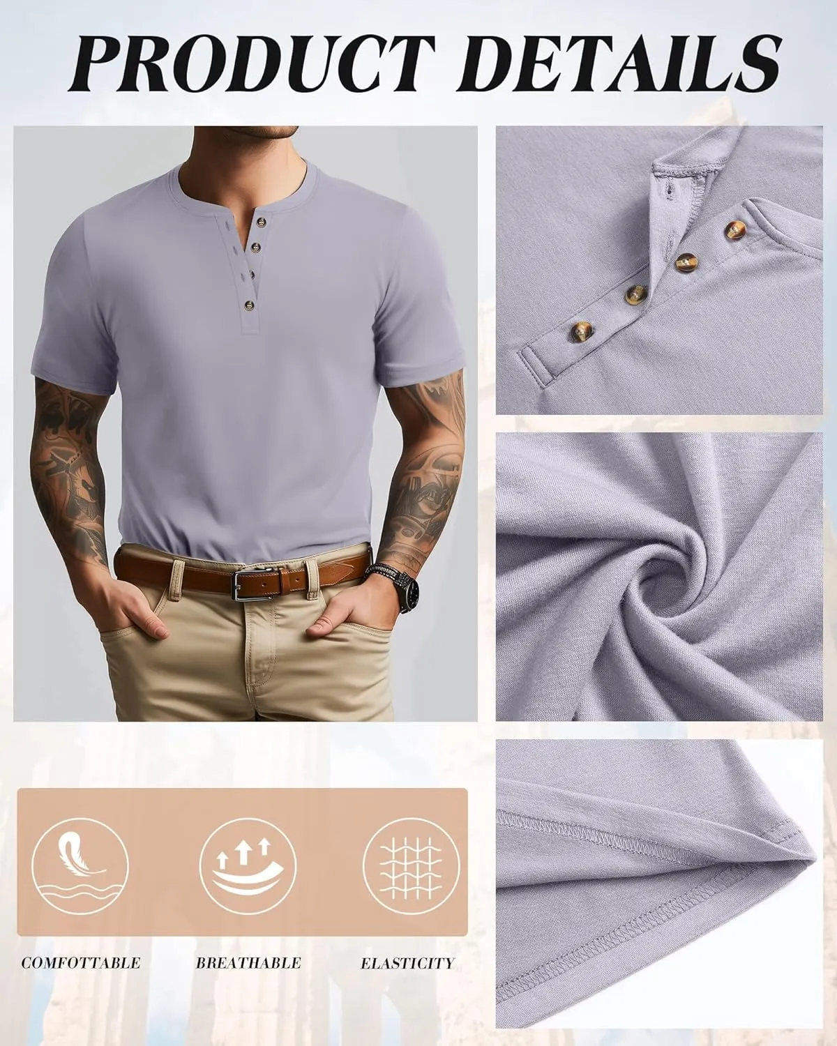 Ficerd 3 Pack Men's Henley T-Shirts Cotton Short Sleeve Casual Basic Tees Summer Loose Fit Oversized Solid Tops