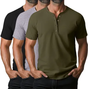 Ficerd 3 Pack Men's Henley T-Shirts Cotton Short Sleeve Casual Basic Tees Summer Loose Fit Oversized Solid Tops