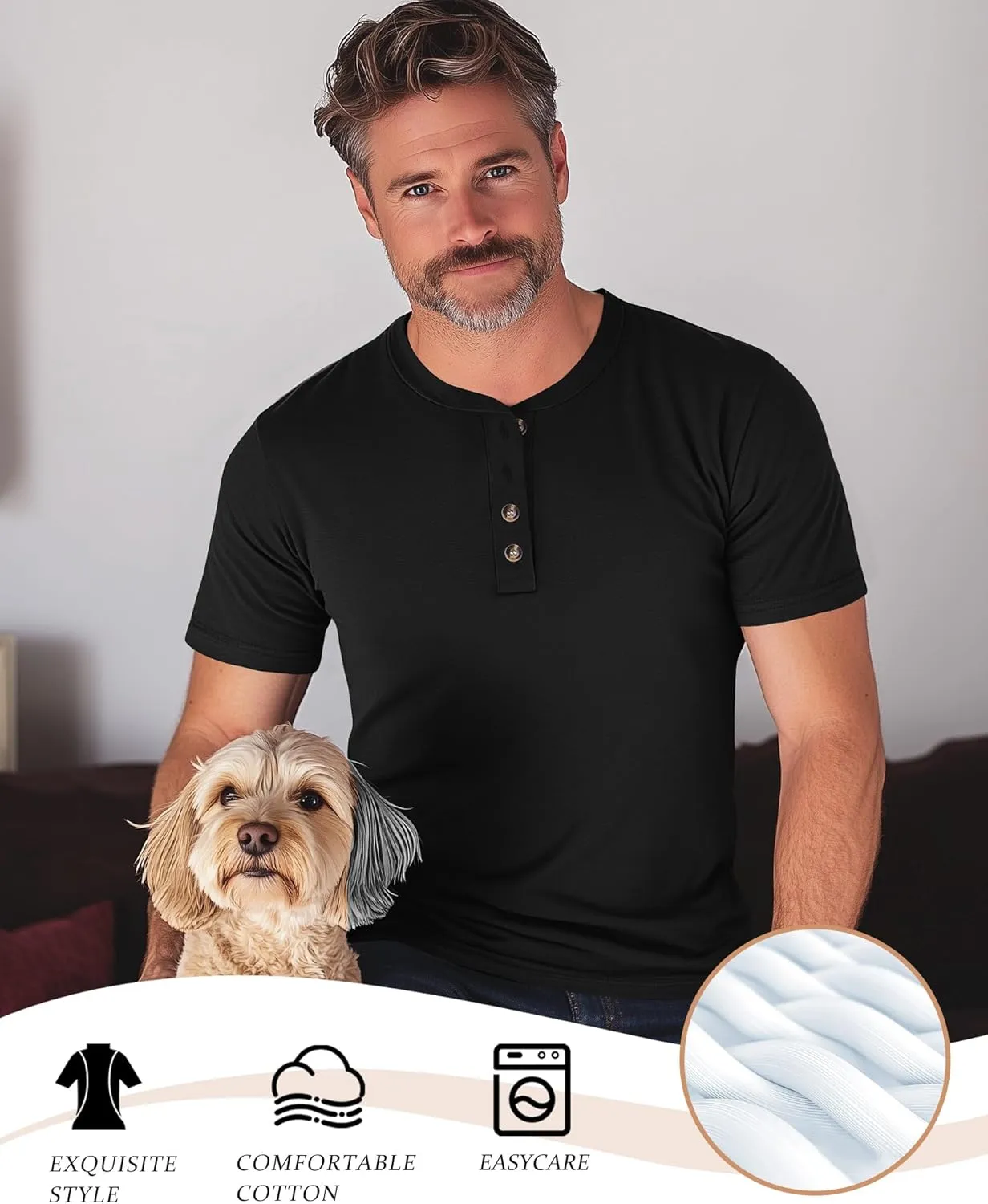 Ficerd 3 Pack Men's Henley T-Shirts Cotton Short Sleeve Casual Basic Tees Summer Loose Fit Oversized Solid Tops