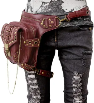 FiveloveTwo Men Women Steampunk Fanny Packs Multi-purpose Tactical Drop Leg Arm Bag Pack Hip Belt Waist Messenger Shoulder Bag Wallet Purse Pouch Red Brown