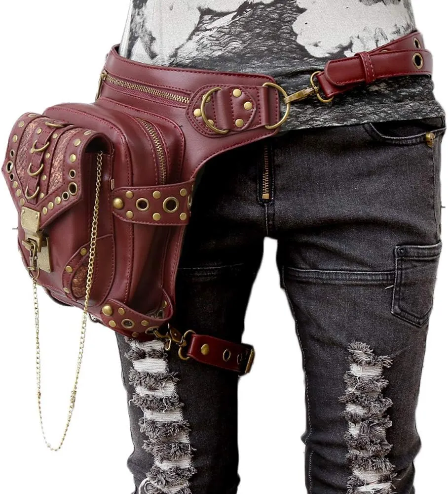 FiveloveTwo Men Women Steampunk Fanny Packs Multi-purpose Tactical Drop Leg Arm Bag Pack Hip Belt Waist Messenger Shoulder Bag Wallet Purse Pouch Red Brown
