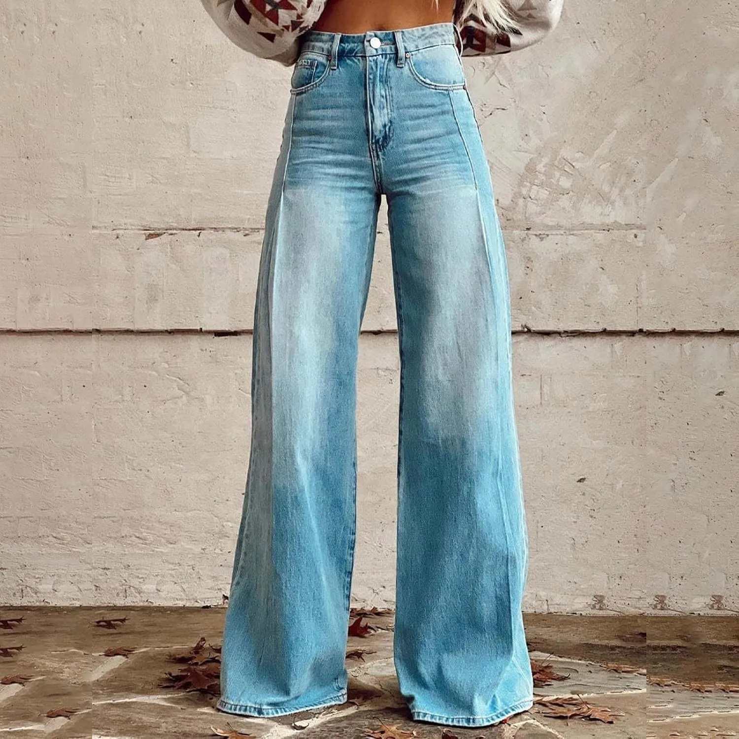 Flare Jeans for Women Wide Leg Jeans Woman Vintage Floral Print High Waisted Straight Stretch Pants with Pockets