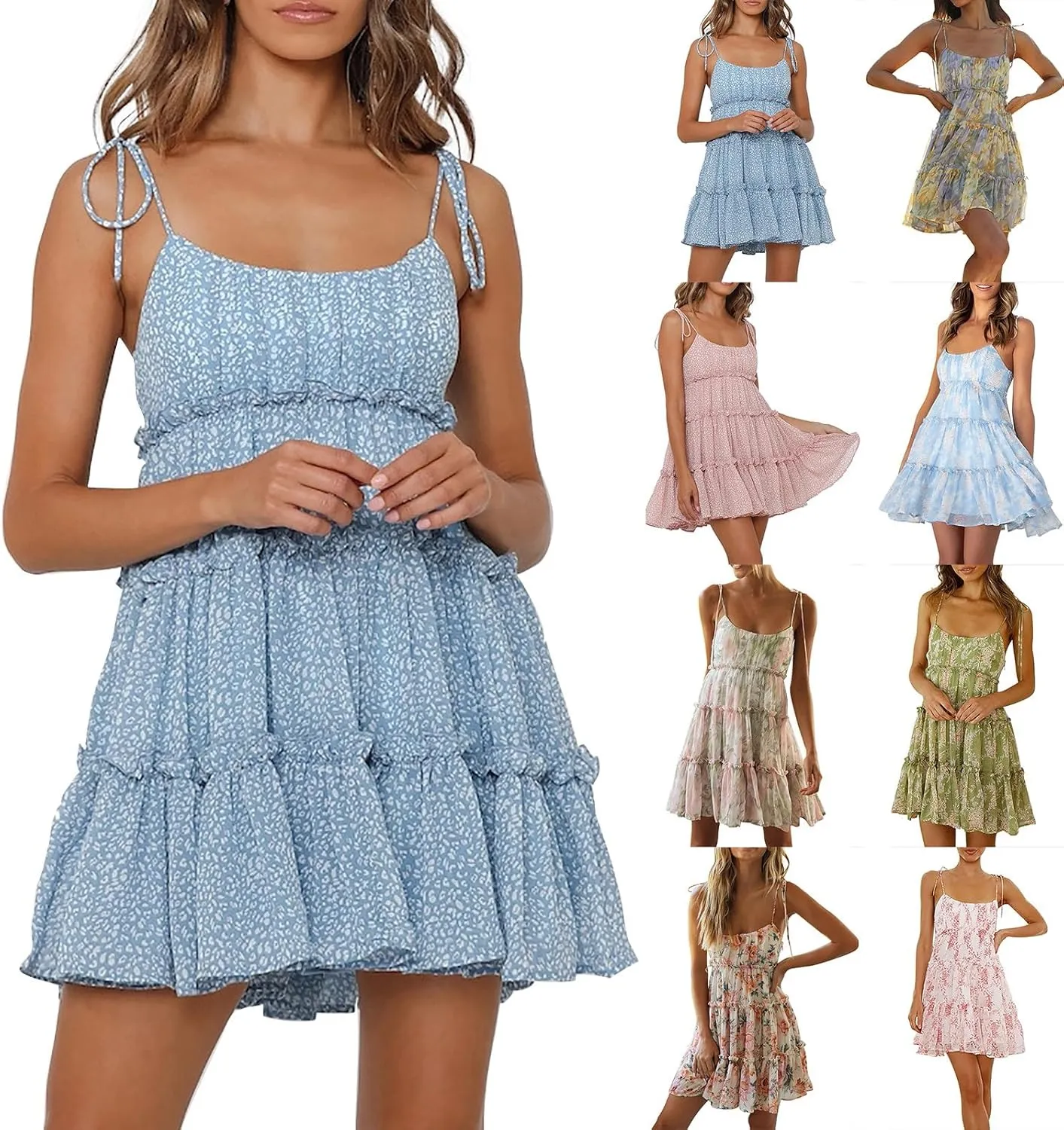 Floral Dress for Women Flowy Chiffon Spaghetti Strap Tiered Ruffle Mini Dress Casual Summer Cute Beach Sundress