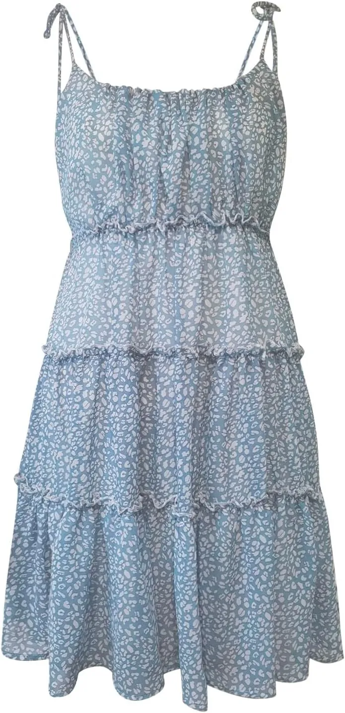 Floral Dress for Women Flowy Chiffon Spaghetti Strap Tiered Ruffle Mini Dress Casual Summer Cute Beach Sundress
