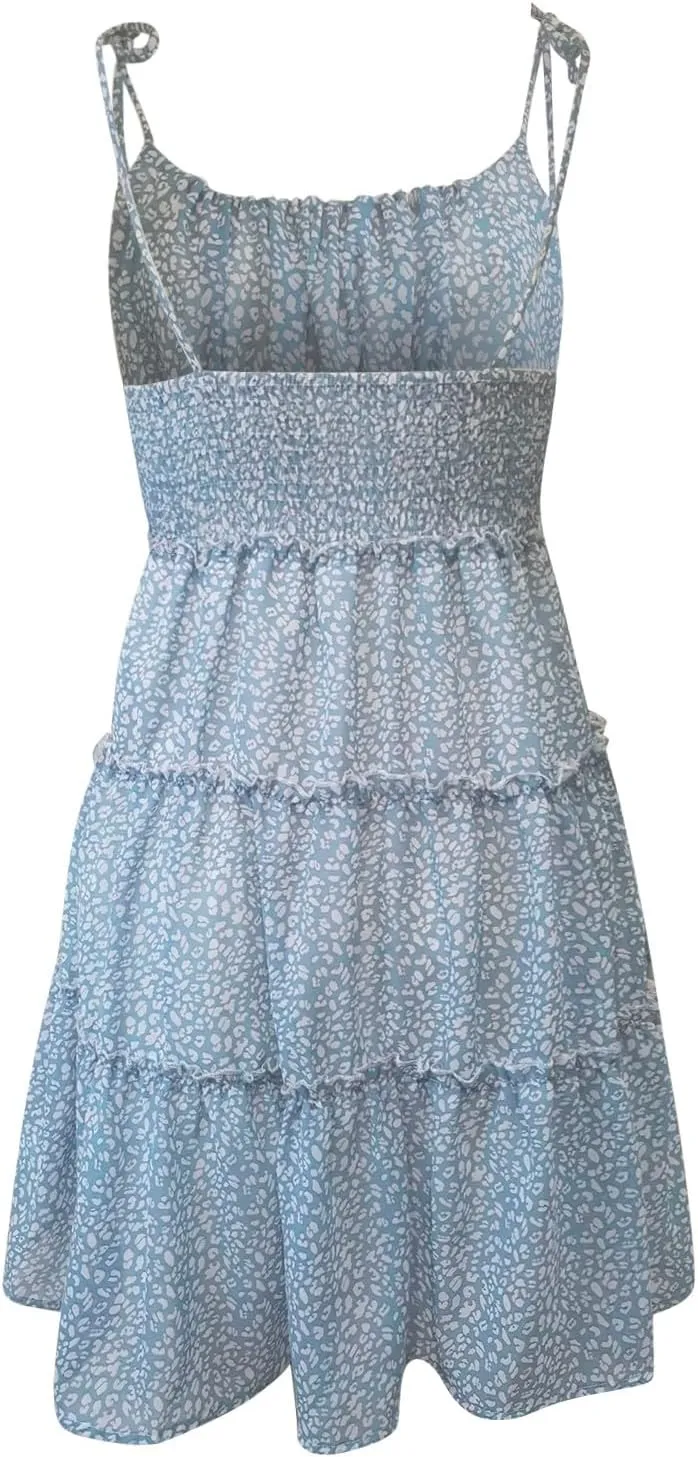 Floral Dress for Women Flowy Chiffon Spaghetti Strap Tiered Ruffle Mini Dress Casual Summer Cute Beach Sundress