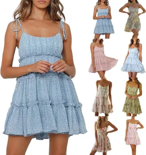 Floral Dress for Women Flowy Chiffon Spaghetti Strap Tiered Ruffle Mini Dress Casual Summer Cute Beach Sundress