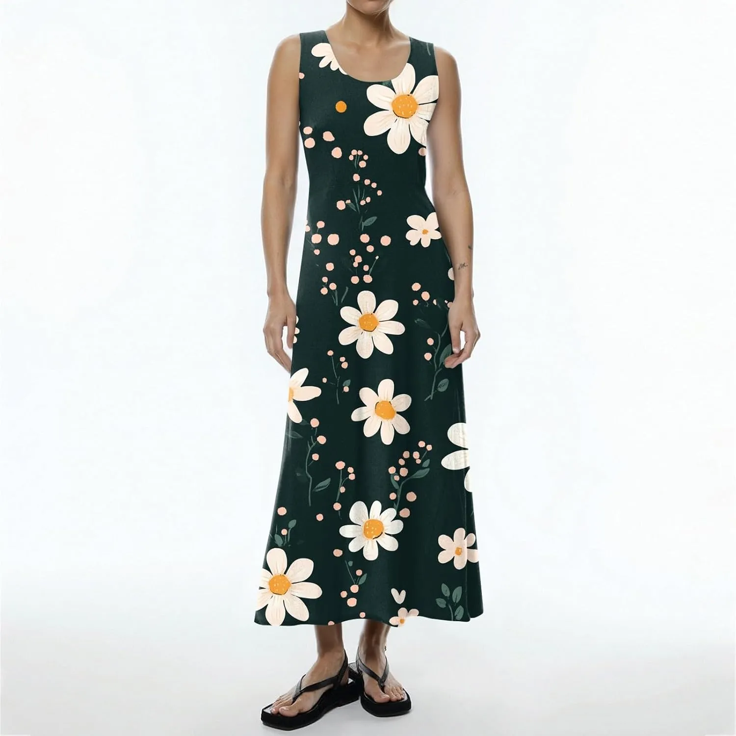 Floral Printed Beach Casual Sleeveless V Neck Vest Midi Summer Women's Sundress with Pockets