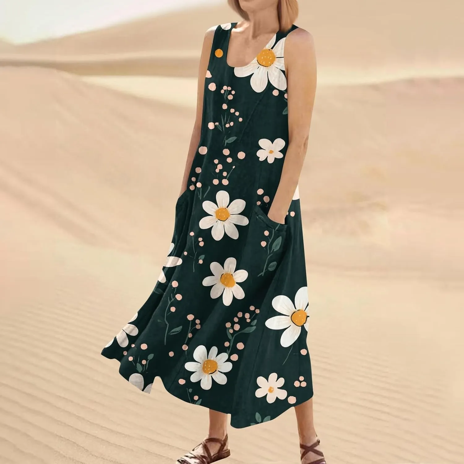 Floral Printed Beach Casual Sleeveless V Neck Vest Midi Summer Women's Sundress with Pockets