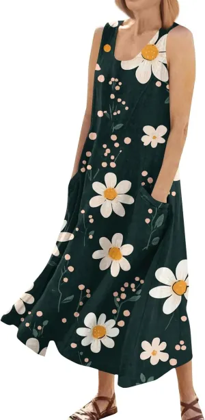 Floral Printed Beach Casual Sleeveless V Neck Vest Midi Summer Women's Sundress with Pockets