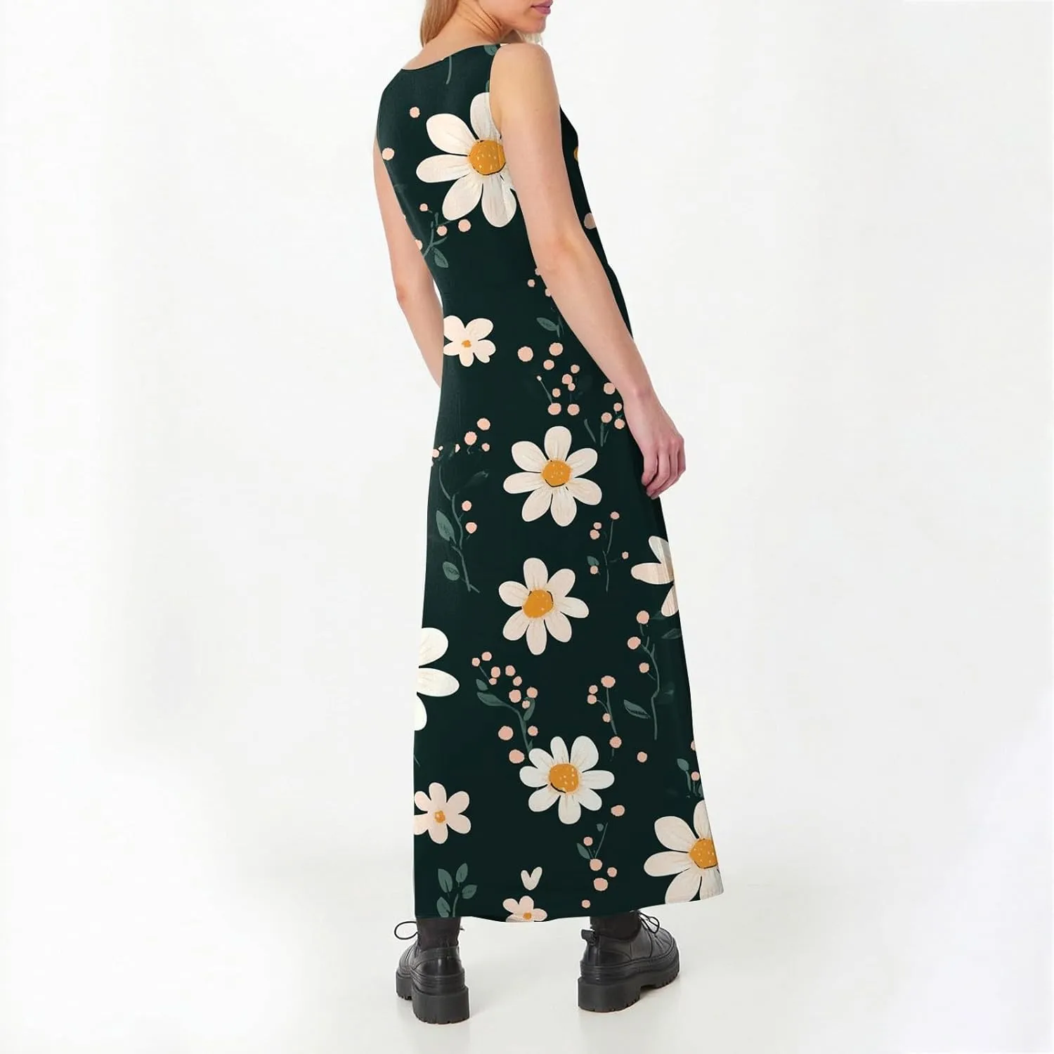 Floral Printed Beach Casual Sleeveless V Neck Vest Midi Summer Women's Sundress with Pockets