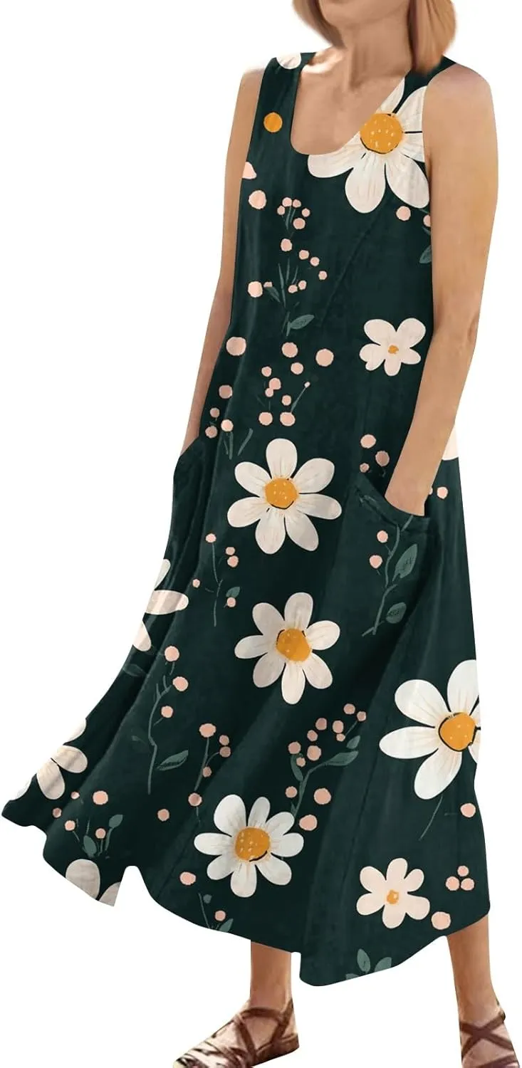Floral Printed Beach Casual Sleeveless V Neck Vest Midi Summer Women's Sundress with Pockets