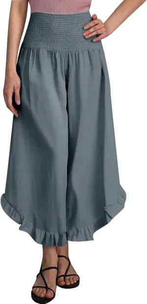 Flowy Linen Pants Women Baggy Wide Leg Ruffle Hem Palazzo Trousers Smocked Elastic Waist Summer Beach Vacation Sweatpants
