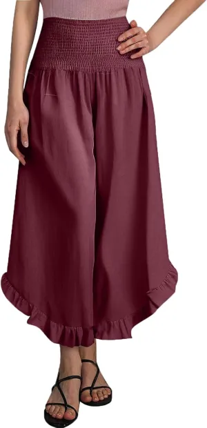 Flowy Linen Pants Women Baggy Wide Leg Ruffle Hem Palazzo Trousers Smocked Elastic Waist Summer Beach Vacation Sweatpants