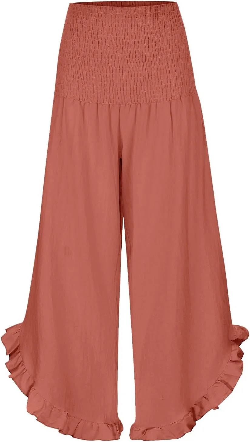 Flowy Linen Pants Women Baggy Wide Leg Ruffle Hem Palazzo Trousers Smocked Elastic Waist Summer Beach Vacation Sweatpants