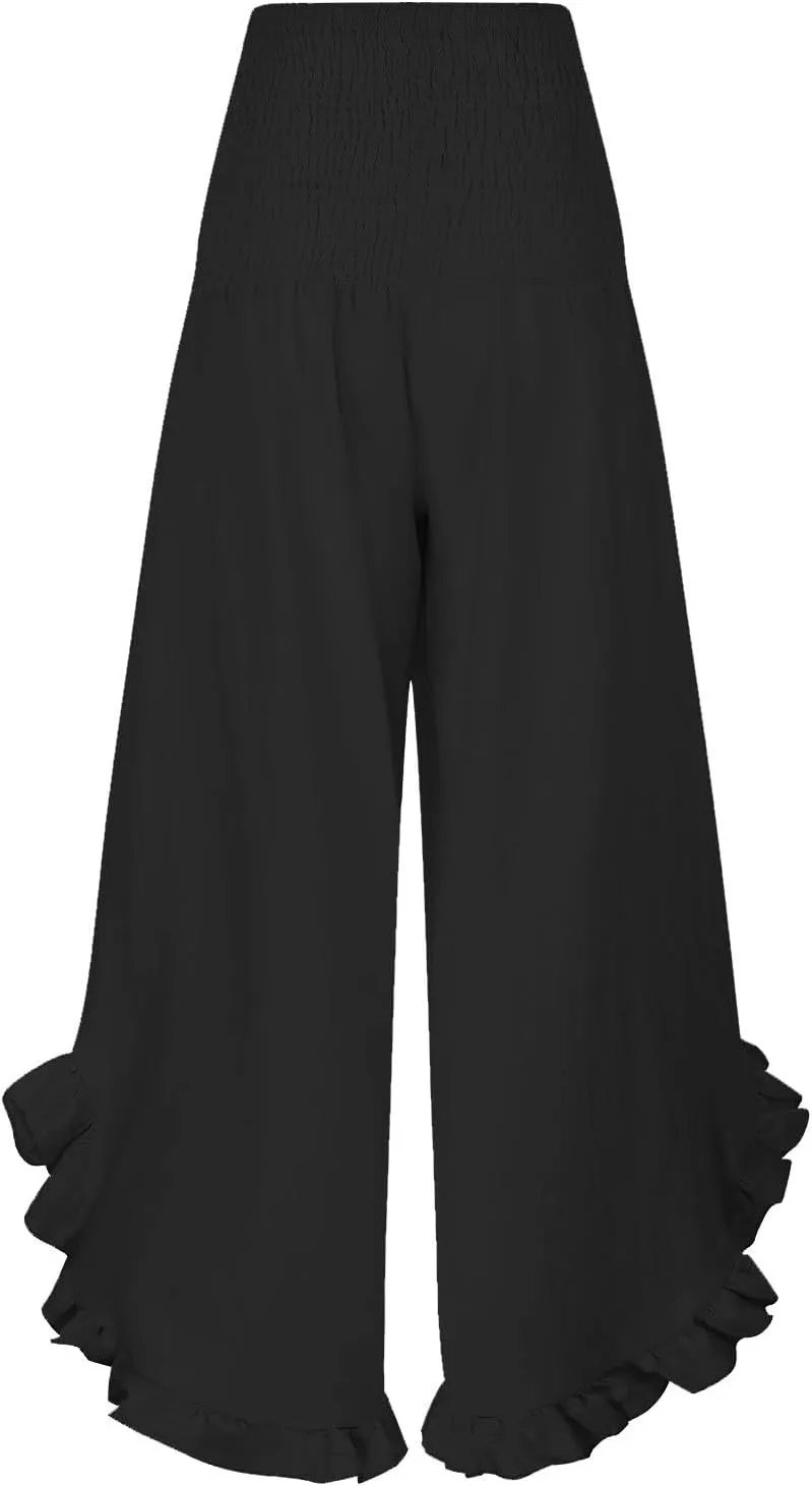 Flowy Linen Pants Women Baggy Wide Leg Ruffle Hem Palazzo Trousers Smocked Elastic Waist Summer Beach Vacation Sweatpants