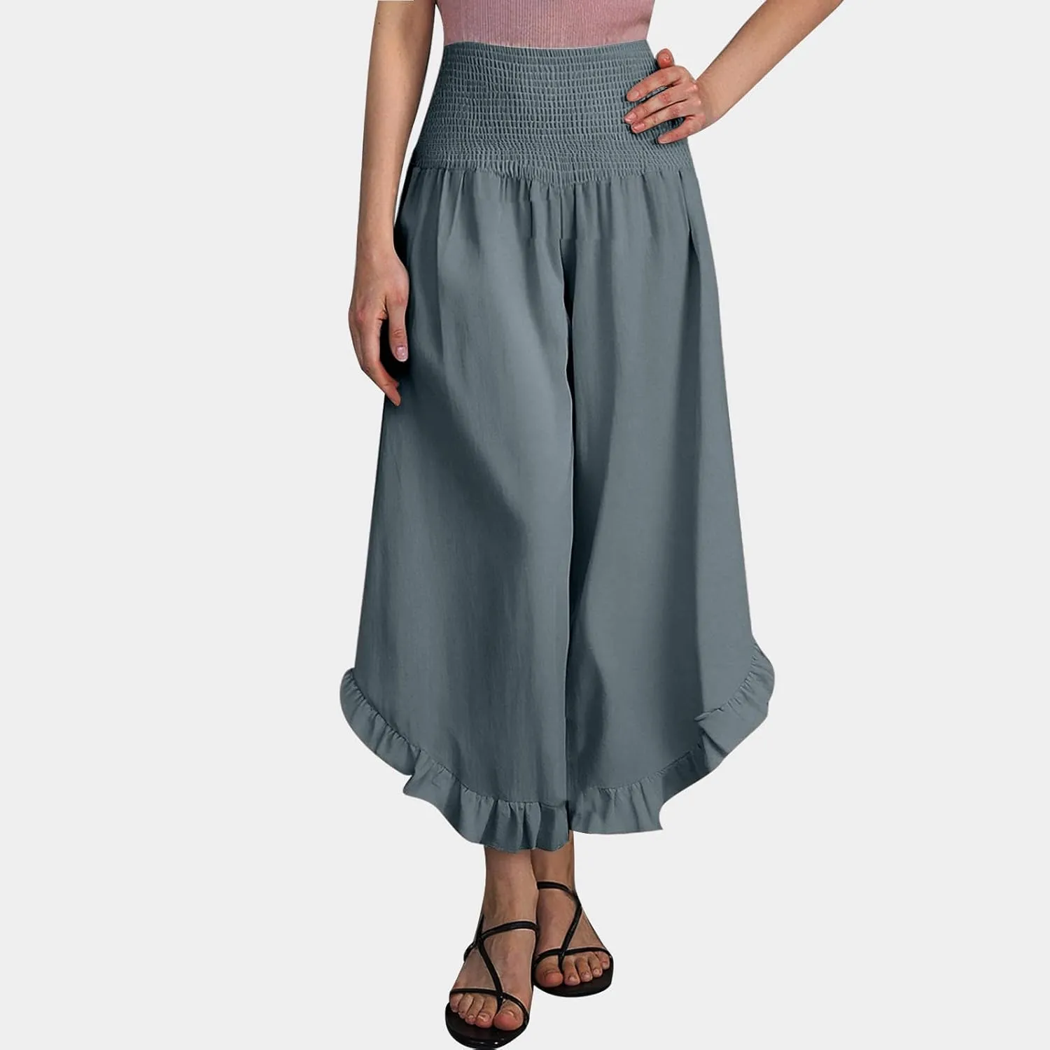 Flowy Linen Pants Women Baggy Wide Leg Ruffle Hem Palazzo Trousers Smocked Elastic Waist Summer Beach Vacation Sweatpants