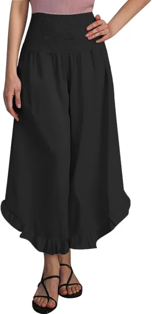 Flowy Linen Pants Women Baggy Wide Leg Ruffle Hem Palazzo Trousers Smocked Elastic Waist Summer Beach Vacation Sweatpants