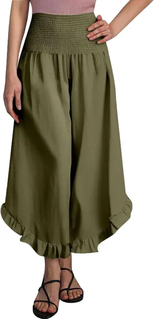 Flowy Linen Pants Women Baggy Wide Leg Ruffle Hem Palazzo Trousers Smocked Elastic Waist Summer Beach Vacation Sweatpants
