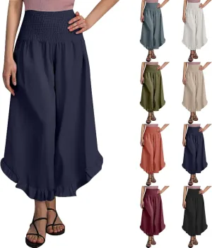 Flowy Linen Pants Women Baggy Wide Leg Ruffle Hem Palazzo Trousers Smocked Elastic Waist Summer Beach Vacation Sweatpants