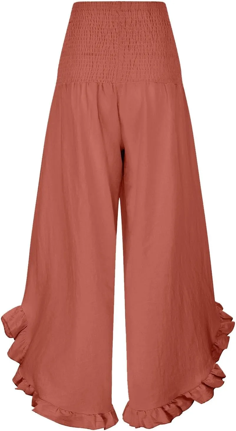 Flowy Linen Pants Women Baggy Wide Leg Ruffle Hem Palazzo Trousers Smocked Elastic Waist Summer Beach Vacation Sweatpants