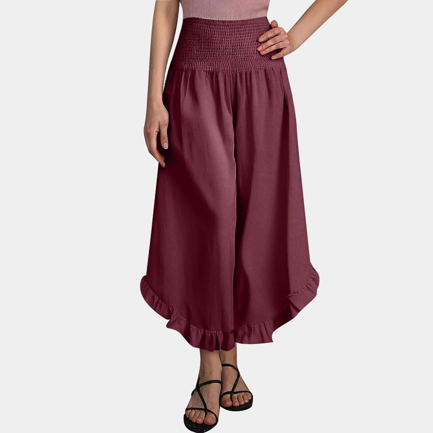 Flowy Linen Pants Women Baggy Wide Leg Ruffle Hem Palazzo Trousers Smocked Elastic Waist Summer Beach Vacation Sweatpants