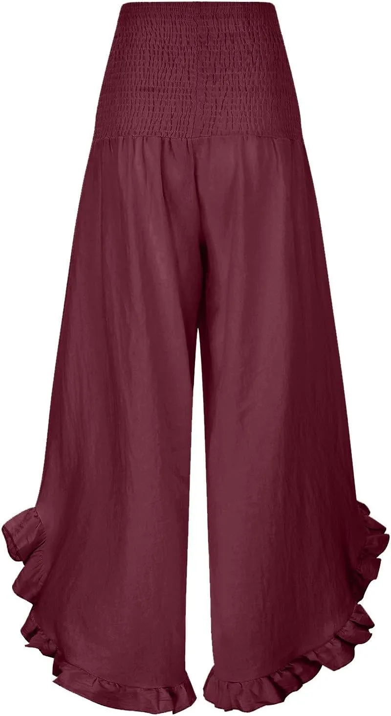 Flowy Linen Pants Women Baggy Wide Leg Ruffle Hem Palazzo Trousers Smocked Elastic Waist Summer Beach Vacation Sweatpants