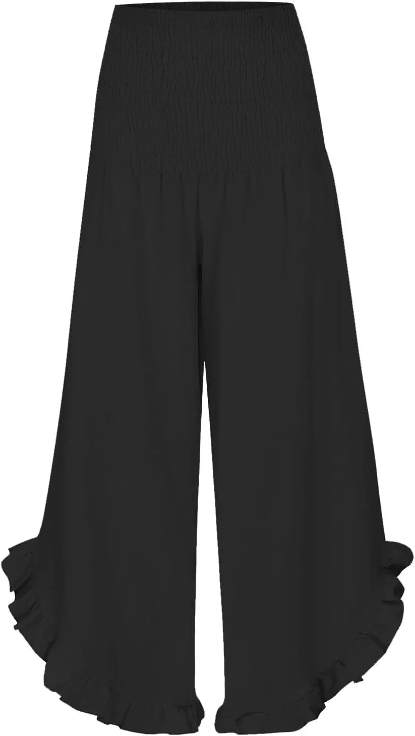 Flowy Linen Pants Women Baggy Wide Leg Ruffle Hem Palazzo Trousers Smocked Elastic Waist Summer Beach Vacation Sweatpants