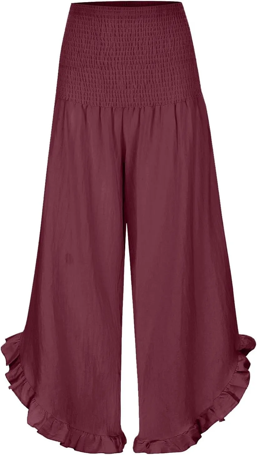 Flowy Linen Pants Women Baggy Wide Leg Ruffle Hem Palazzo Trousers Smocked Elastic Waist Summer Beach Vacation Sweatpants