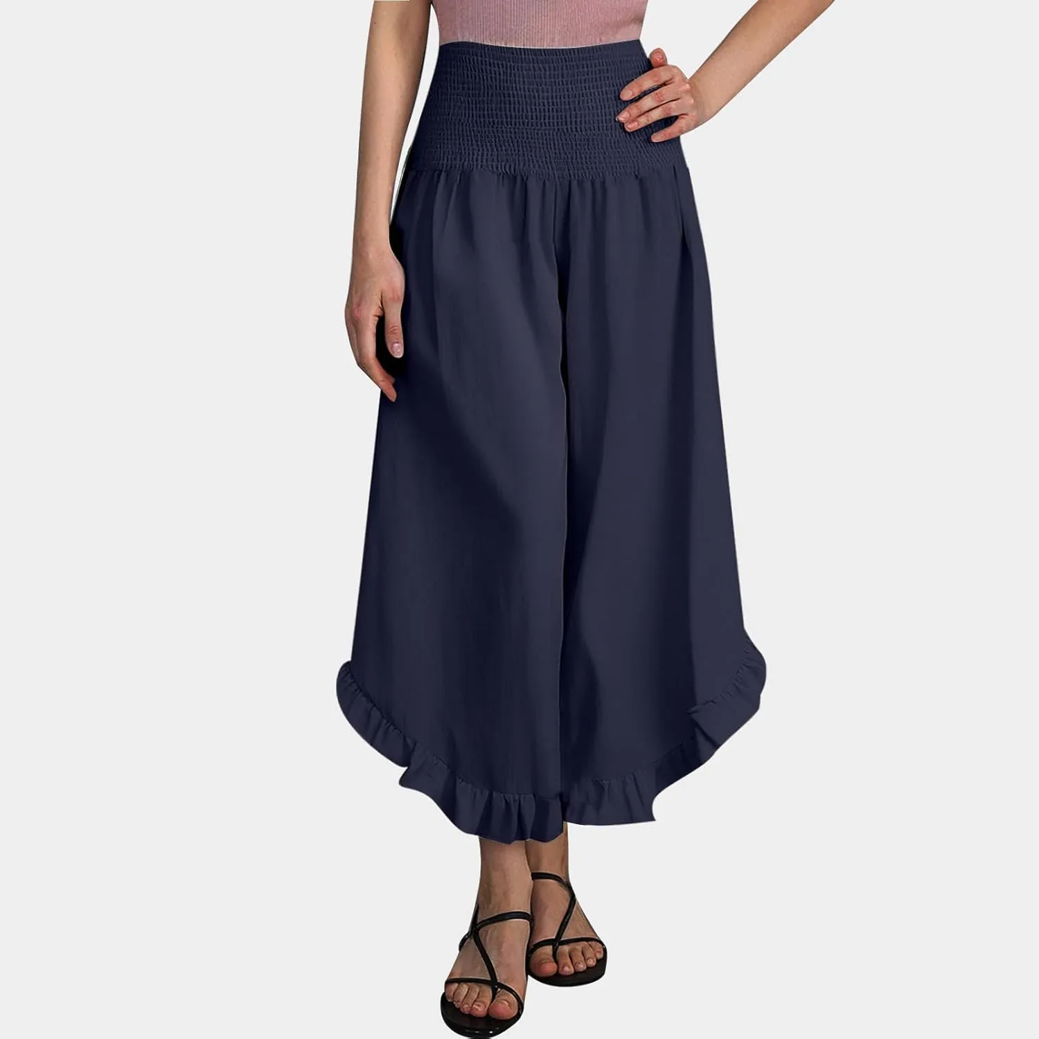 Flowy Linen Pants Women Baggy Wide Leg Ruffle Hem Palazzo Trousers Smocked Elastic Waist Summer Beach Vacation Sweatpants