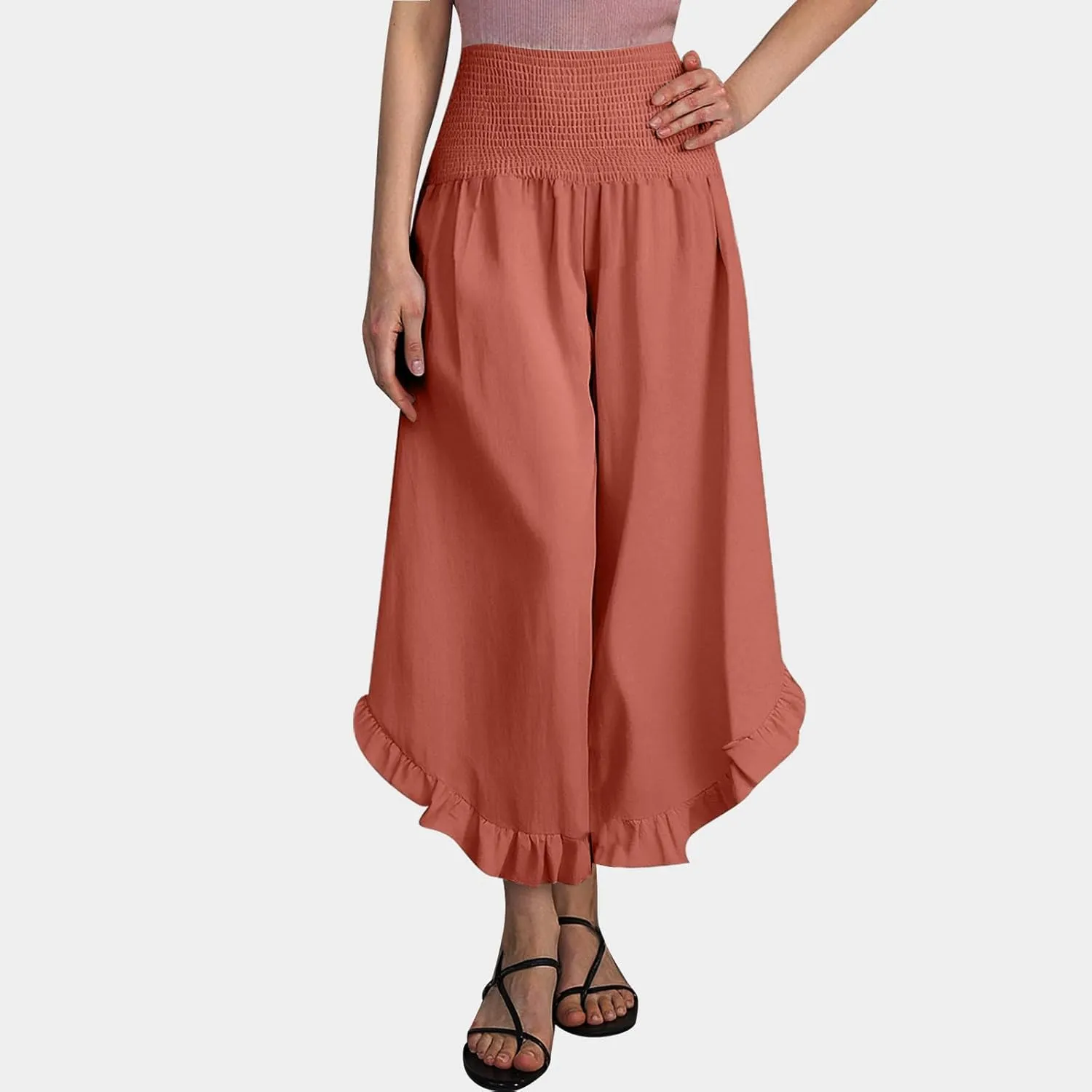 Flowy Linen Pants Women Baggy Wide Leg Ruffle Hem Palazzo Trousers Smocked Elastic Waist Summer Beach Vacation Sweatpants