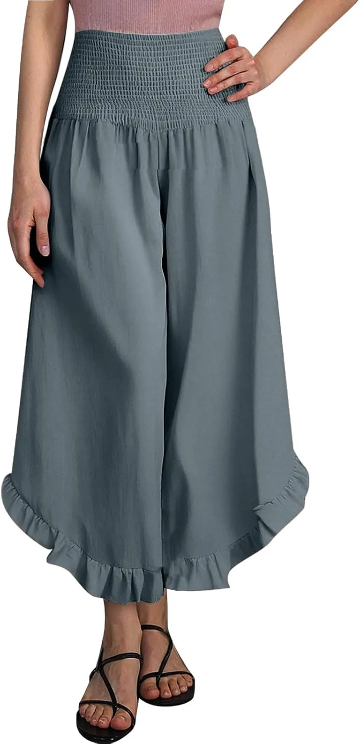 Flowy Linen Pants Women Baggy Wide Leg Ruffle Hem Palazzo Trousers Smocked Elastic Waist Summer Beach Vacation Sweatpants