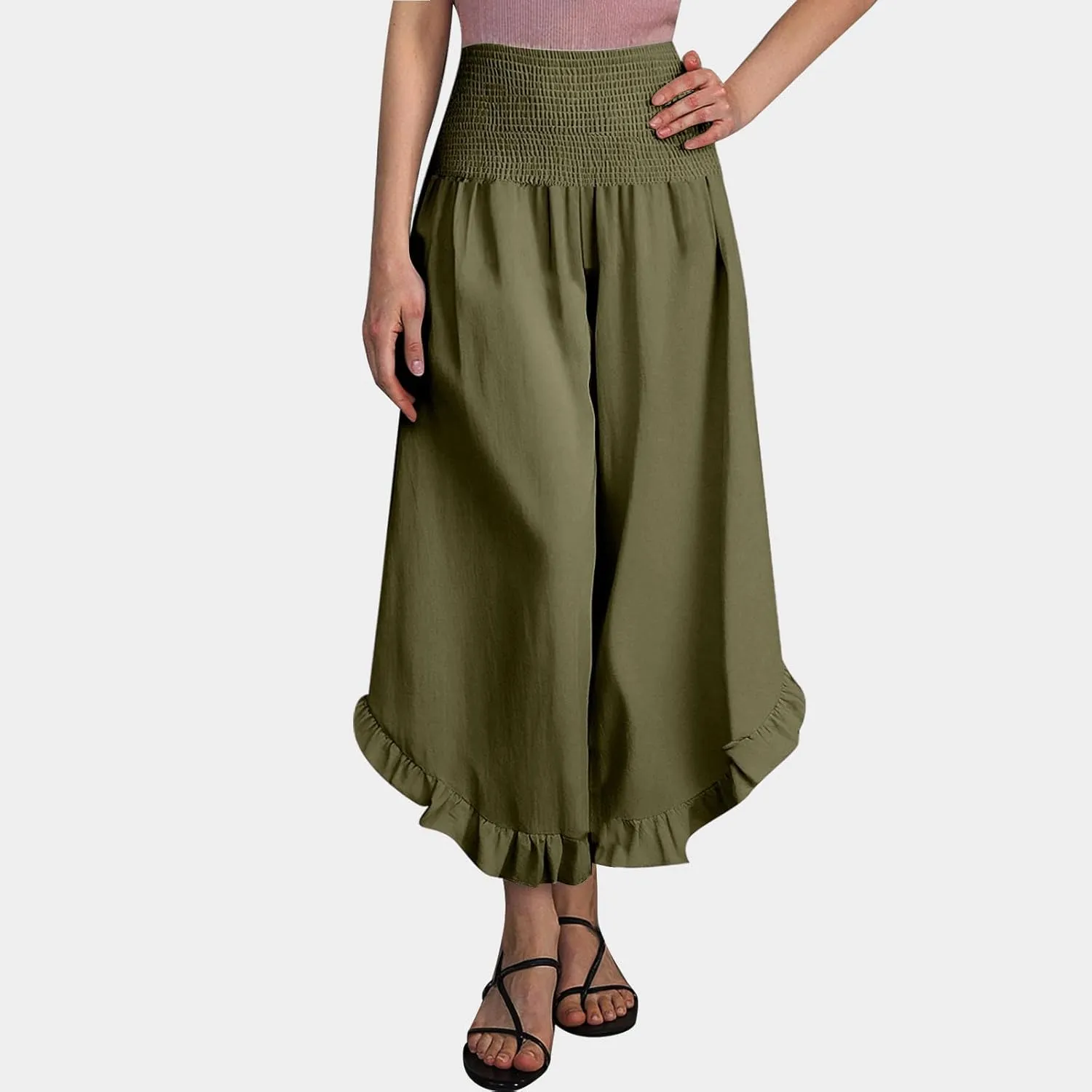 Flowy Linen Pants Women Baggy Wide Leg Ruffle Hem Palazzo Trousers Smocked Elastic Waist Summer Beach Vacation Sweatpants