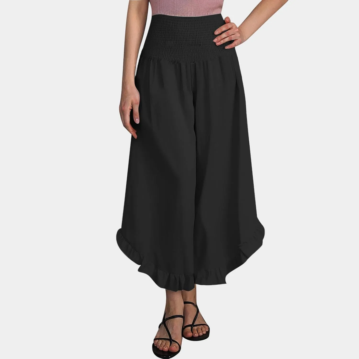 Flowy Linen Pants Women Baggy Wide Leg Ruffle Hem Palazzo Trousers Smocked Elastic Waist Summer Beach Vacation Sweatpants