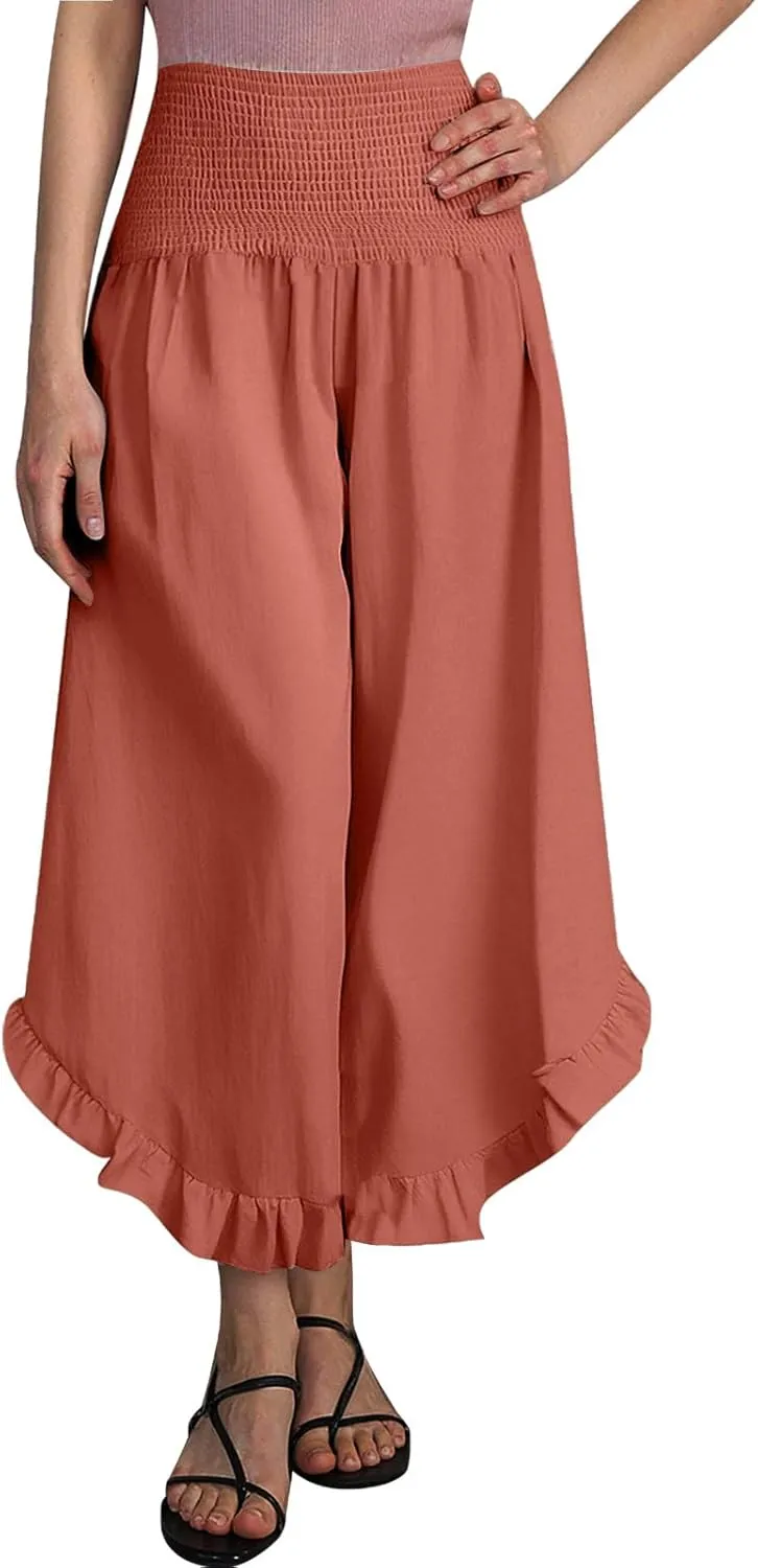 Flowy Linen Pants Women Baggy Wide Leg Ruffle Hem Palazzo Trousers Smocked Elastic Waist Summer Beach Vacation Sweatpants