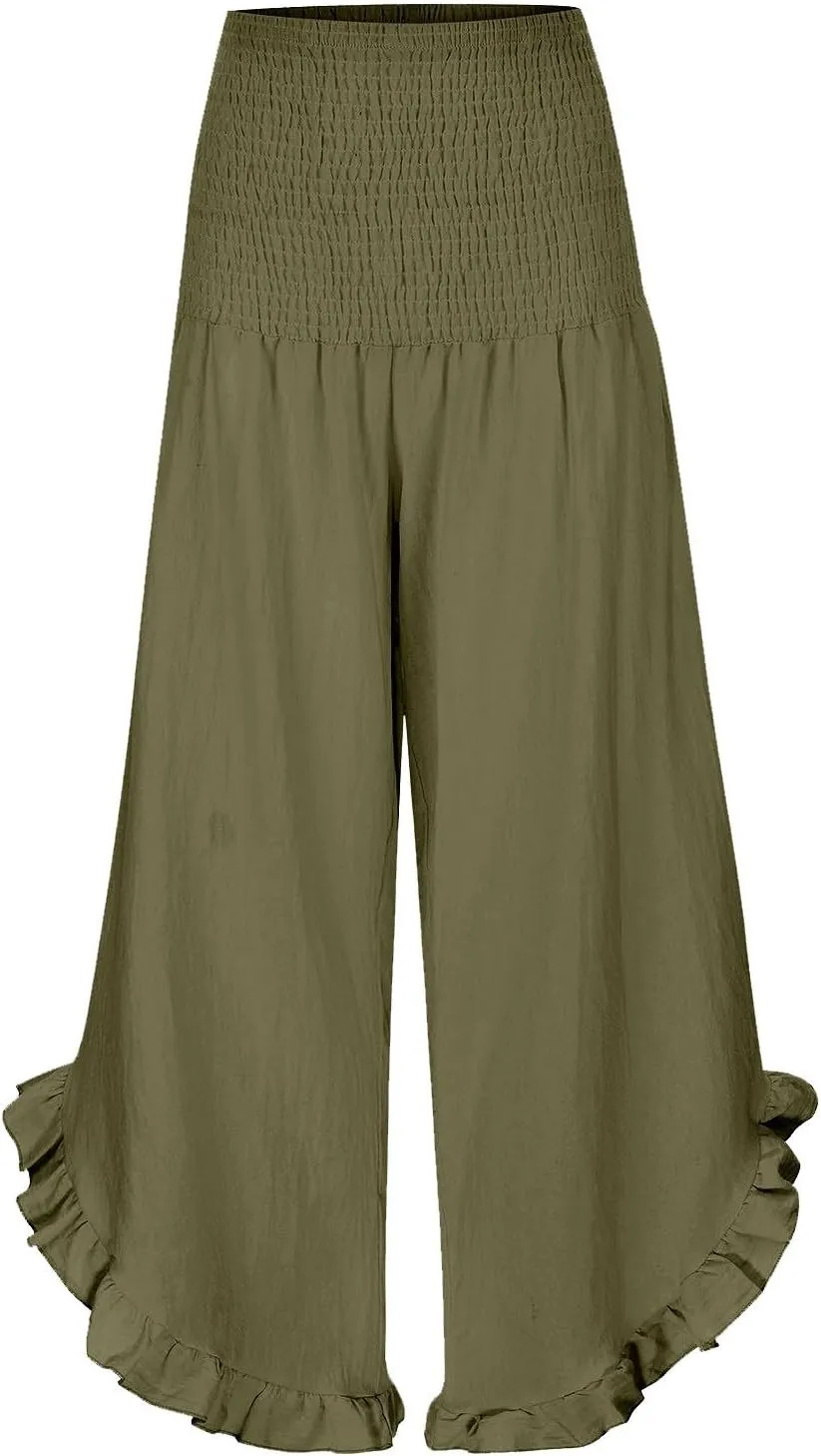 Flowy Linen Pants Women Baggy Wide Leg Ruffle Hem Palazzo Trousers Smocked Elastic Waist Summer Beach Vacation Sweatpants