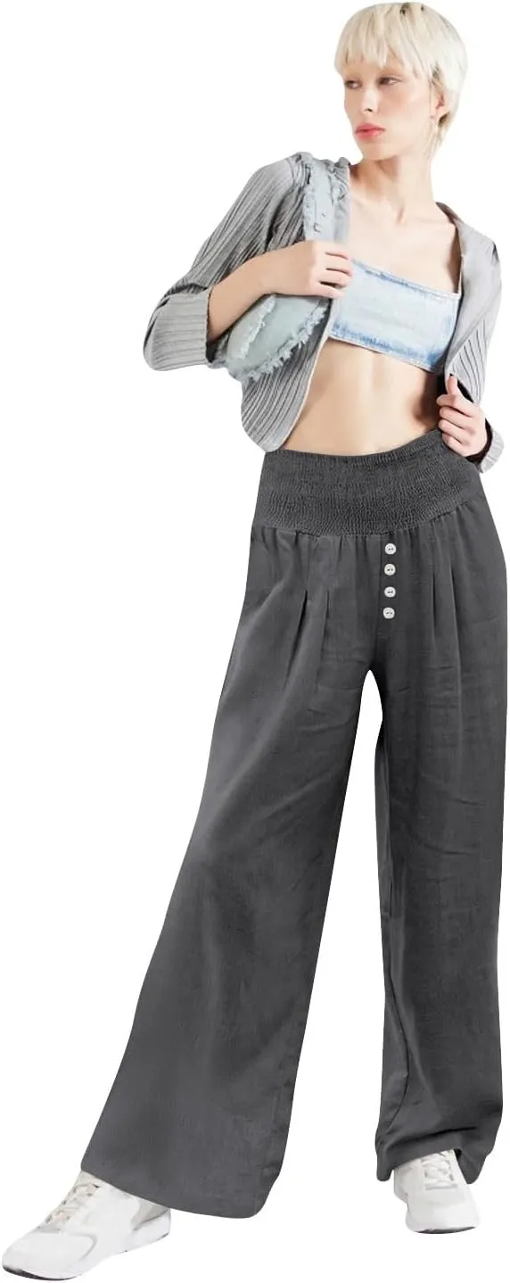 Flowy Pants for Women Cotton Linen Wide Belt Elastic Waist Palazzo Trousers Pleated Button Down Baggy Slacks with Pockets