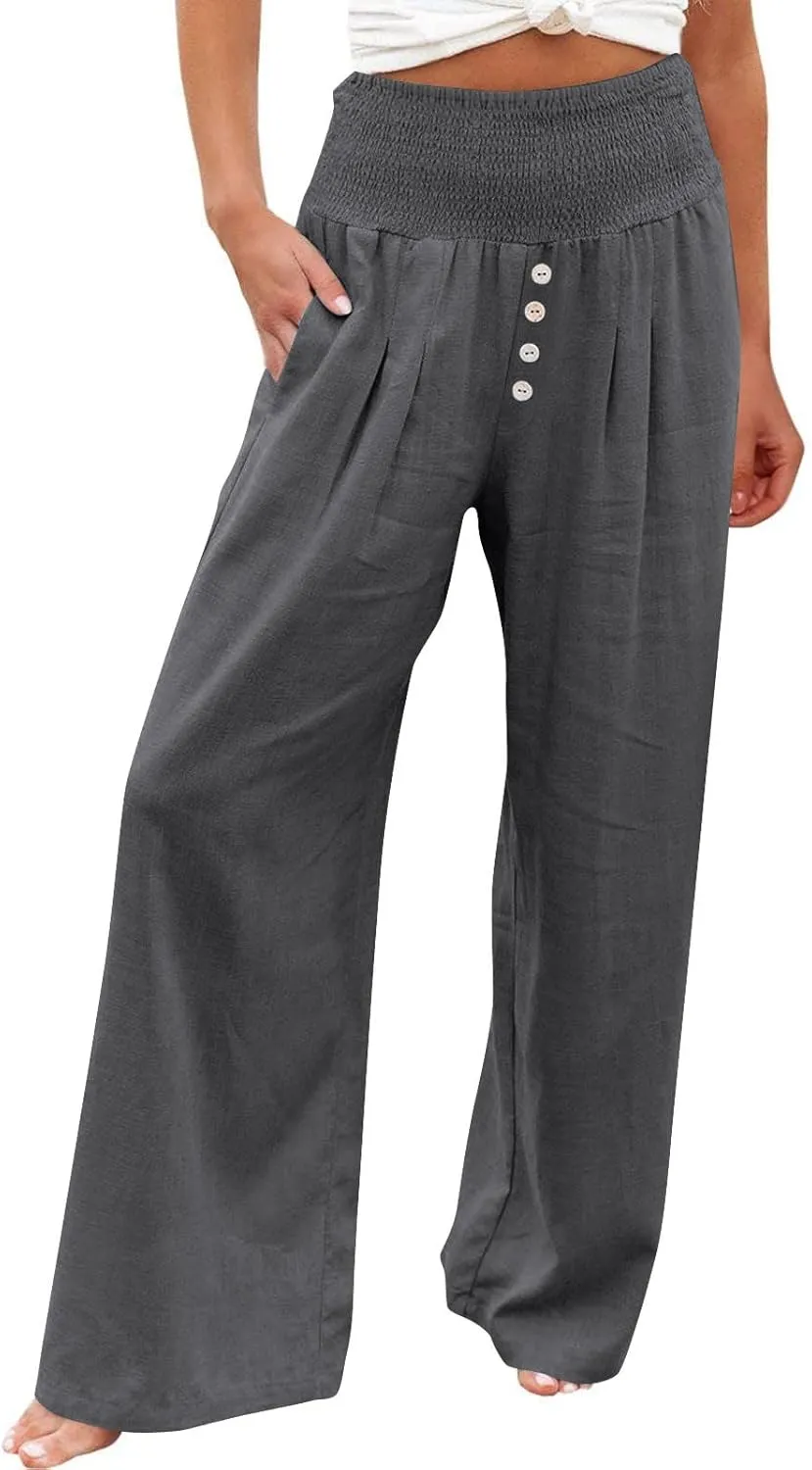 Flowy Pants for Women Cotton Linen Wide Belt Elastic Waist Palazzo Trousers Pleated Button Down Baggy Slacks with Pockets