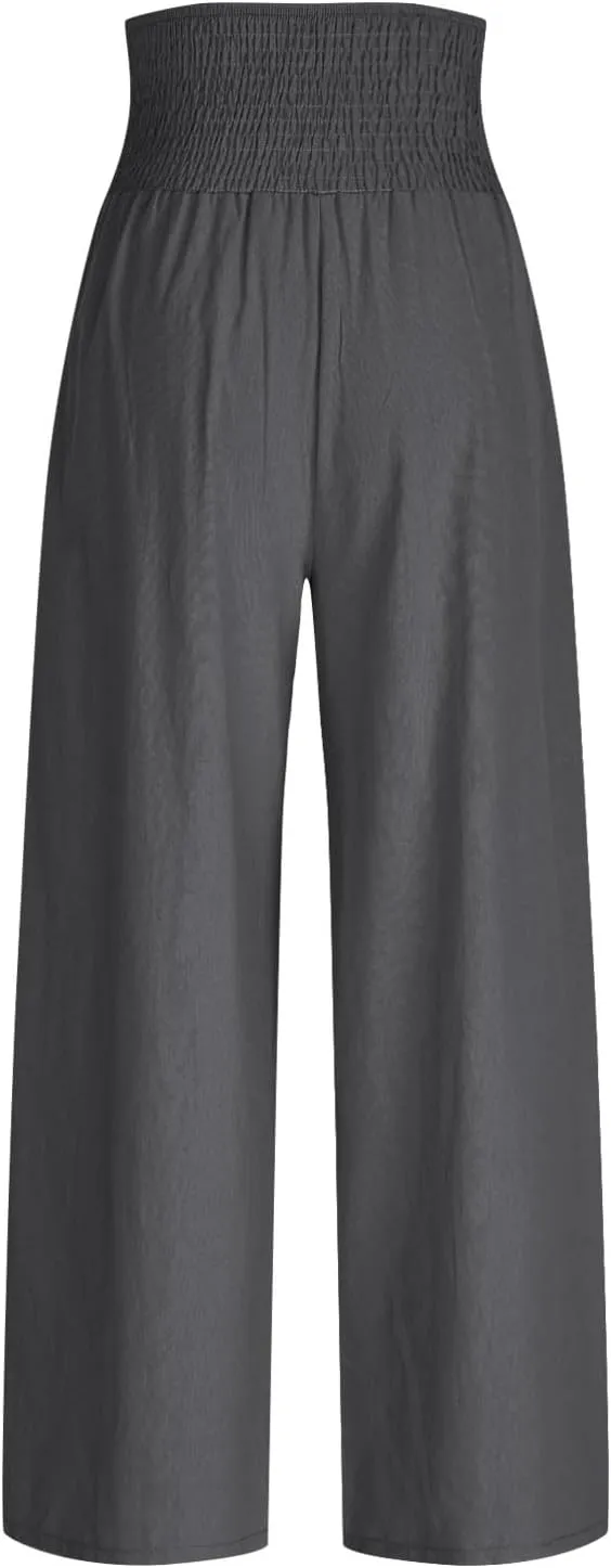 Flowy Pants for Women Cotton Linen Wide Belt Elastic Waist Palazzo Trousers Pleated Button Down Baggy Slacks with Pockets