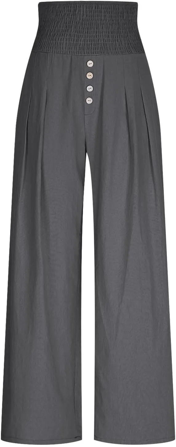 Flowy Pants for Women Cotton Linen Wide Belt Elastic Waist Palazzo Trousers Pleated Button Down Baggy Slacks with Pockets