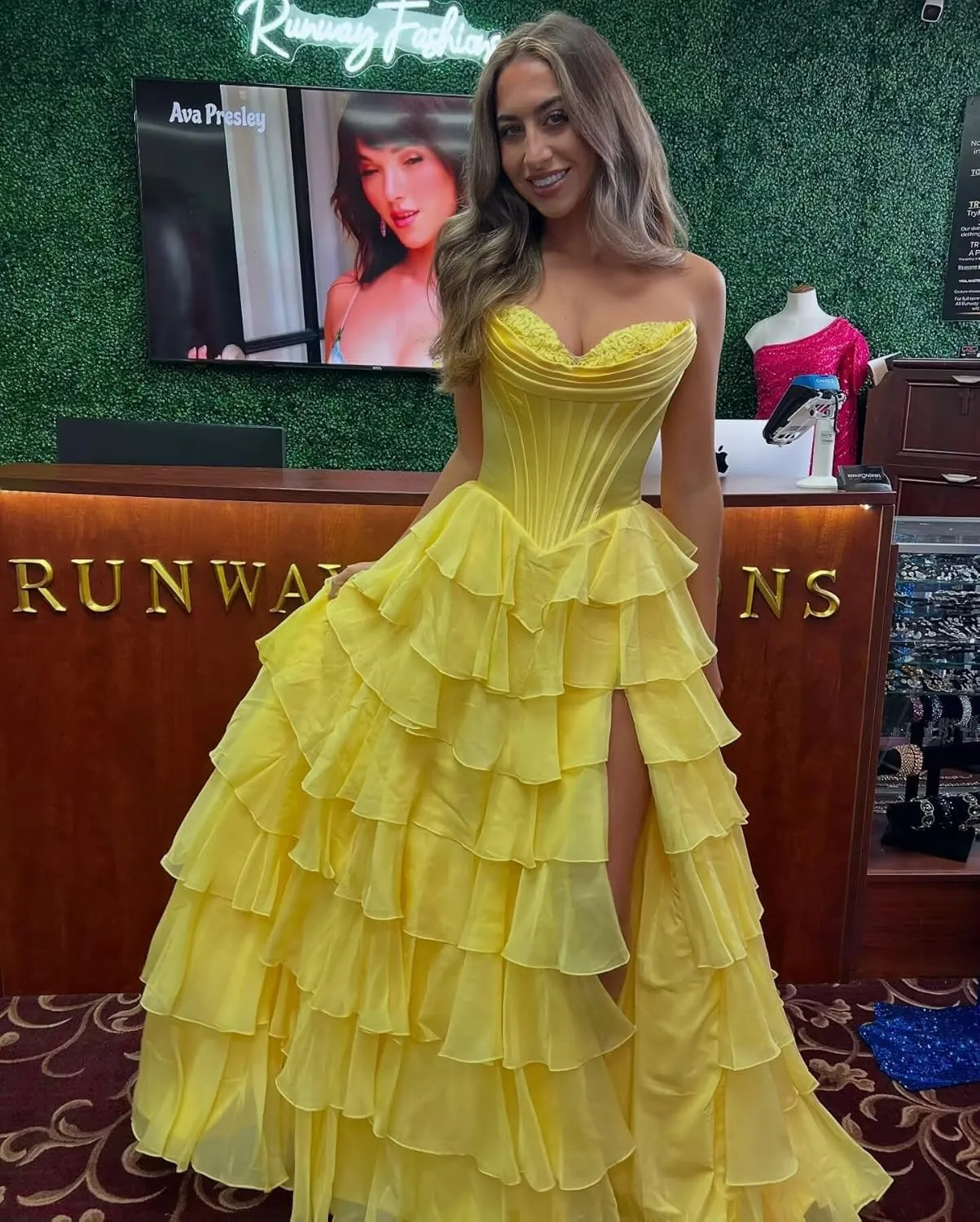 ForElise Strapless Corset Prom Dresses 2025 Long Tiered Ruffle Chiffon A-Line Formal Evening Ball Gowns with Slit