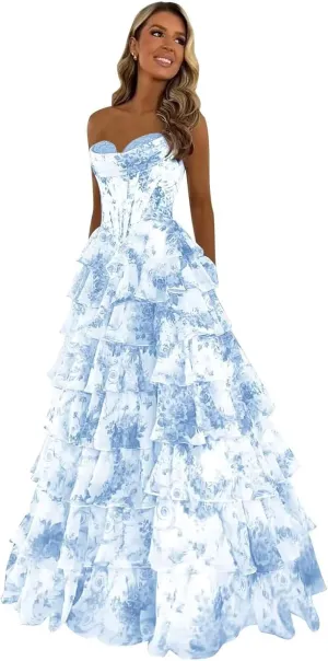 ForElise Strapless Corset Prom Dresses 2025 Long Tiered Ruffle Chiffon A-Line Formal Evening Ball Gowns with Slit