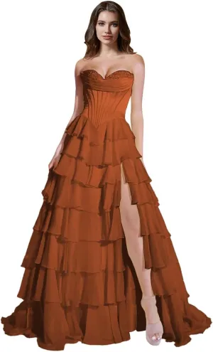 ForElise Strapless Corset Prom Dresses 2025 Long Tiered Ruffle Chiffon A-Line Formal Evening Ball Gowns with Slit