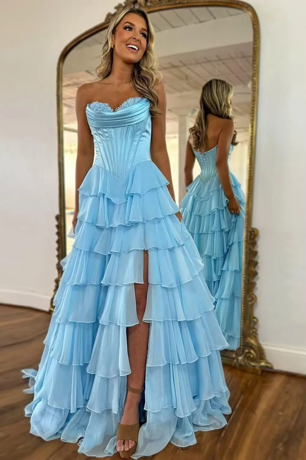 ForElise Strapless Corset Prom Dresses 2025 Long Tiered Ruffle Chiffon A-Line Formal Evening Ball Gowns with Slit