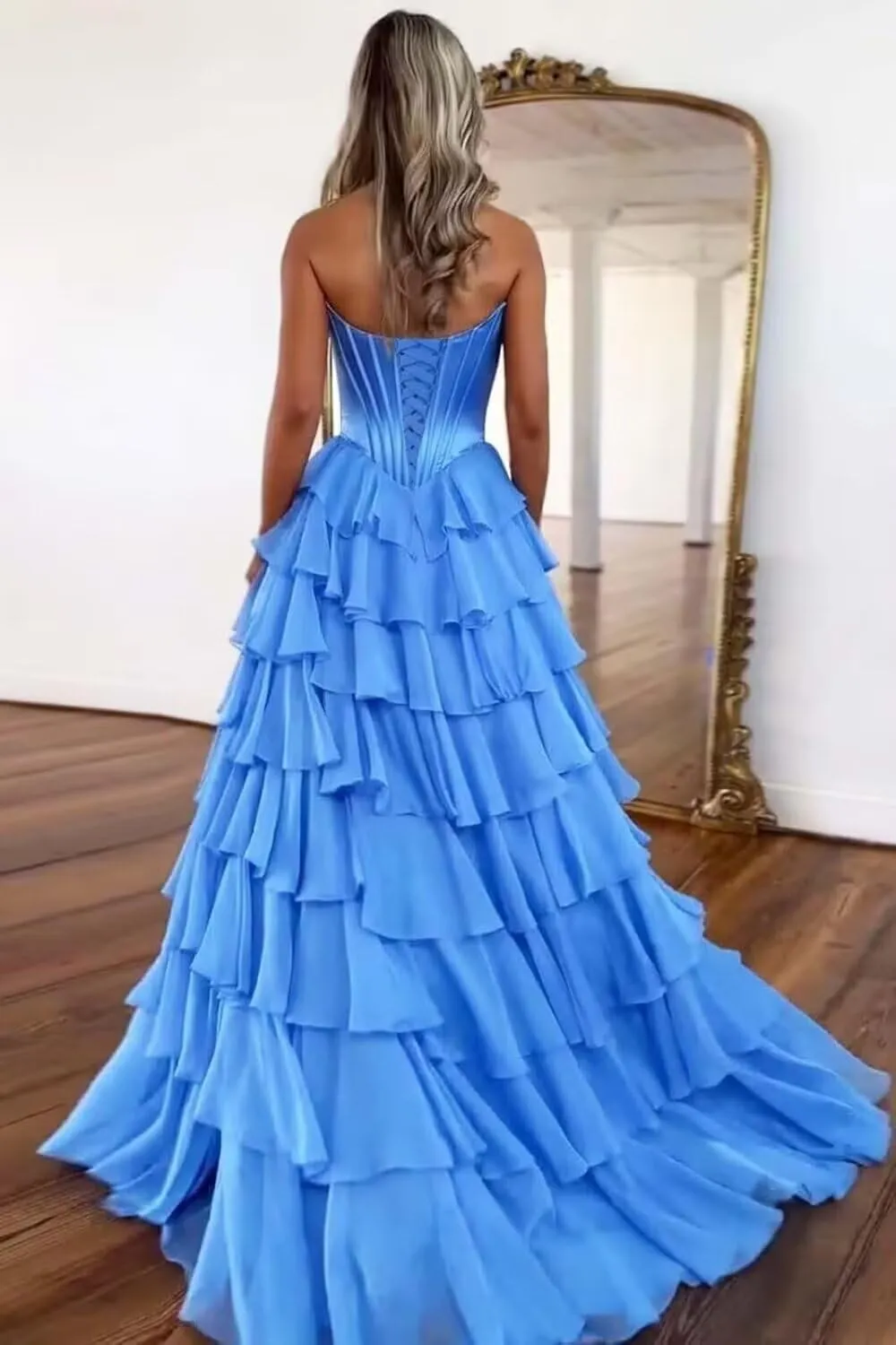 ForElise Strapless Corset Prom Dresses 2025 Long Tiered Ruffle Chiffon A-Line Formal Evening Ball Gowns with Slit
