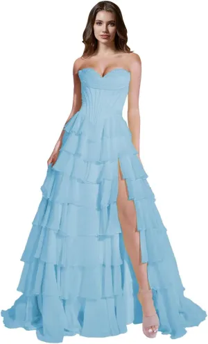ForElise Strapless Corset Prom Dresses 2025 Long Tiered Ruffle Chiffon A-Line Formal Evening Ball Gowns with Slit